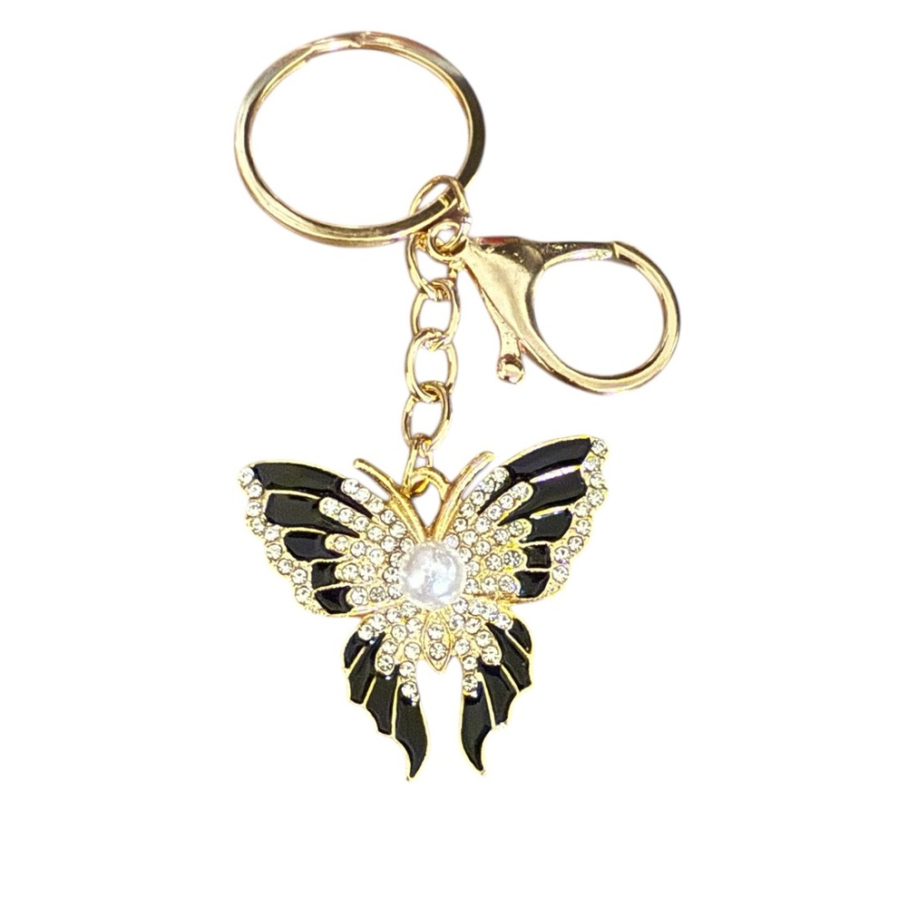 Black Butterfly with Faux Pearl Keychain in Gold Tone